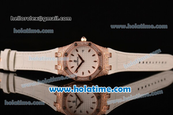 Audemars Piguet Royal Oak Lady Miyota OS2035 Quartz Rose Gold/Diamond Case with White Leather Bracelet and White Dial (EF) - Click Image to Close